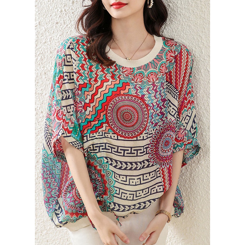Fashion O-Neck Print Low High Design Cotton Top Half Sleeve