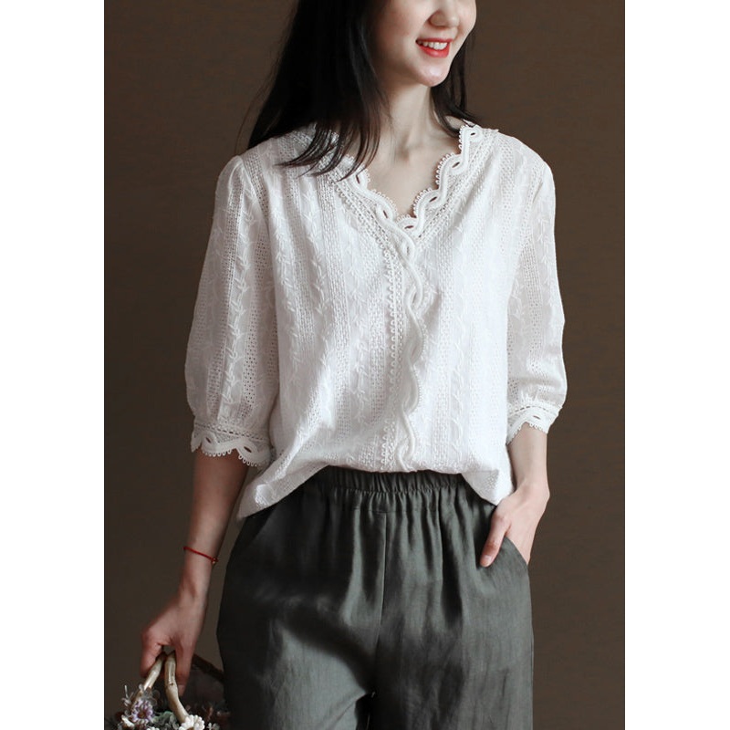 Fitted White V Neck Embroideried Lace Patchwork Cotton Tank Top Half Sleeve