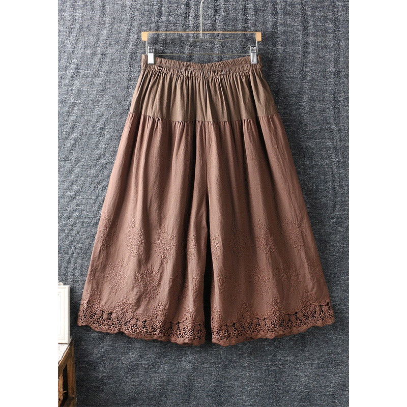 French Coffee Hollow Out Patchwork Elastic Waist Cotton Wide Leg Pants Summer