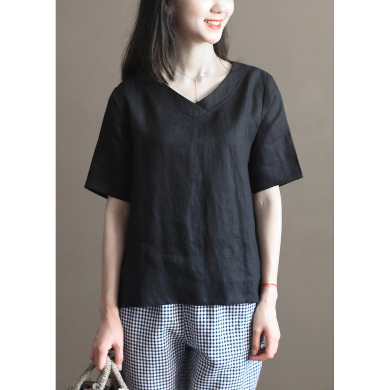 French Solid Black V Neck Side Open Linen Tank Tops Half Sleeve