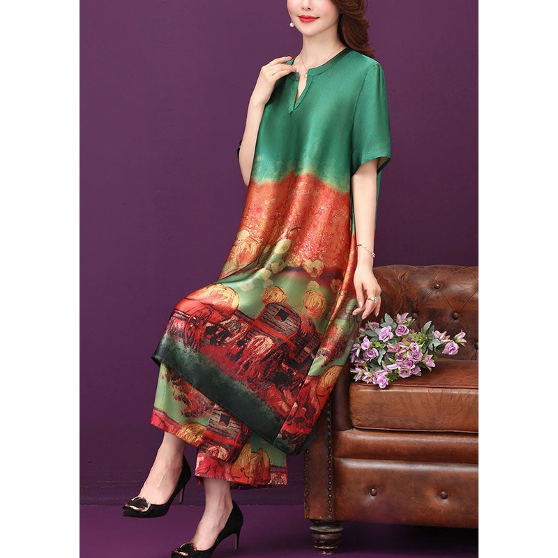 Green Print Silk Long Dress And Wide Leg Pants Two Piece Suit Set V Neck Summer