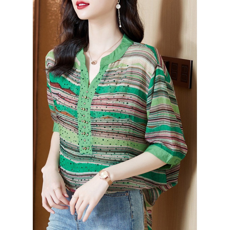 Green V Neck Striped Rivet Cotton Top Half Sleeve