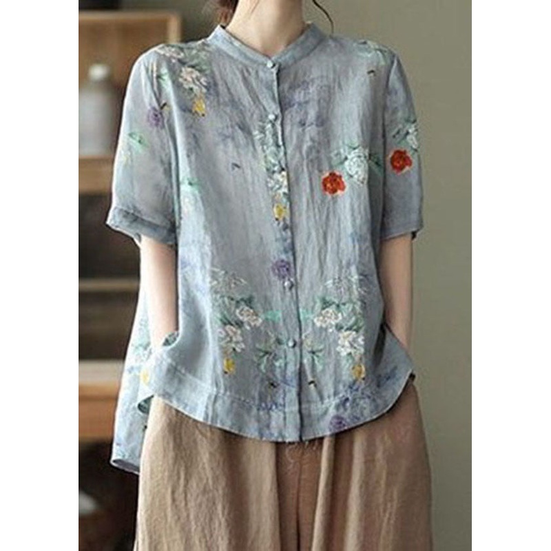 Grey Purple Print Cotton Shirts Low High Design Short Sleeve