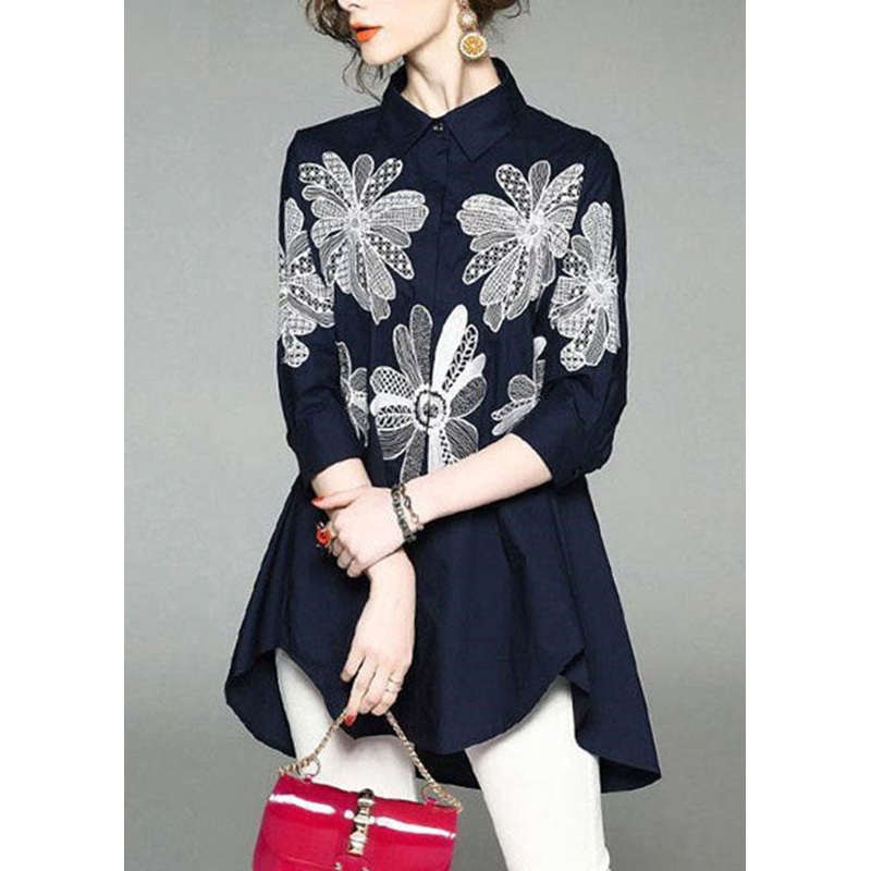 Handmade Blue Peter Pan Collar Embroidered Asymmetrical Design Cotton Long Shirt Half Sleeve