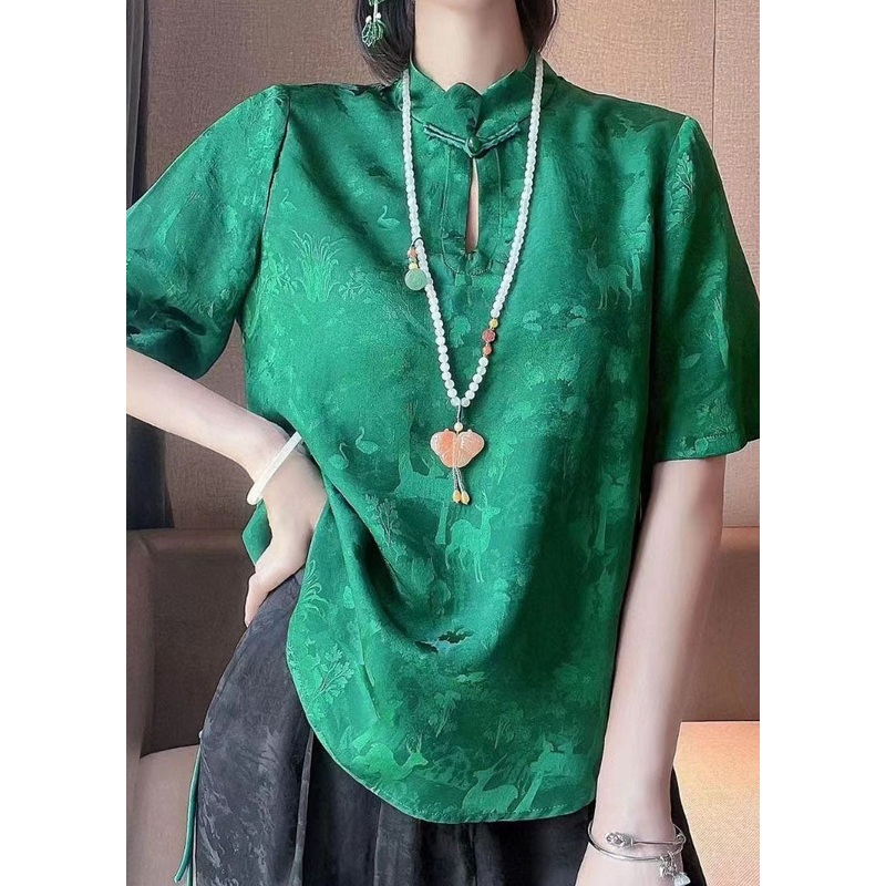 Handmade Green Mandarin Collar Print Oriental Button Silk Blouses Short Sleeve
