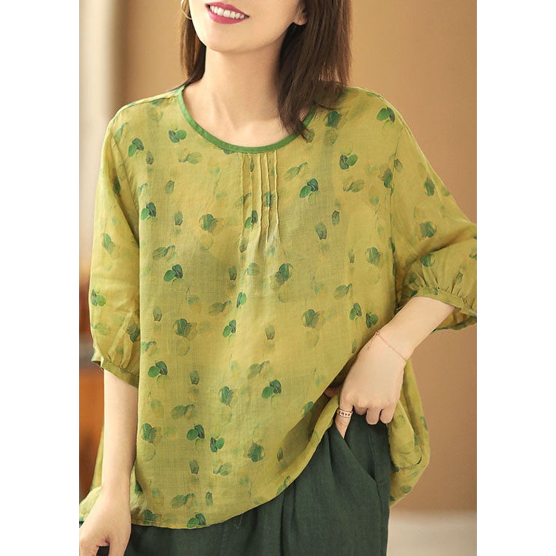 Handmade Green O-Neck Wrinkled Tie Dye Print Linen Blouse Tops Bracelet Sleeve