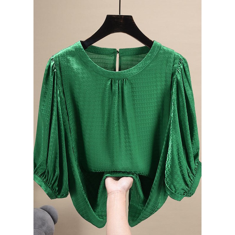 Handmade Green Puff Sleeve Jacquard Button Chiffon Shirt Tops Summer