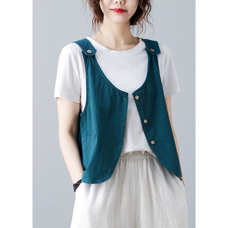 Handmade Sky Blue Button Pockets Solid Color Linen Vests Sleeveless
