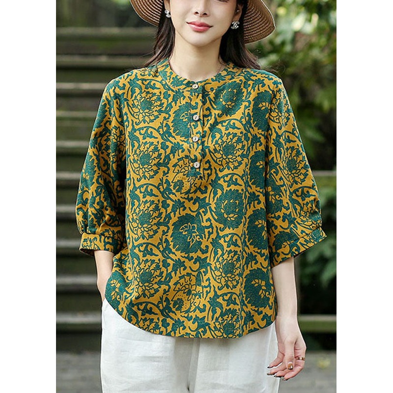 Handmade Yellow O-Neck Green Print Linen Shirt Top Bracelet Sleeve