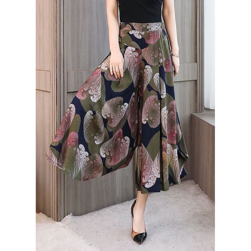 Italian Colorblock Elastic Waist Pockets Print Chiffon Wide Leg Pant Skirt Summer