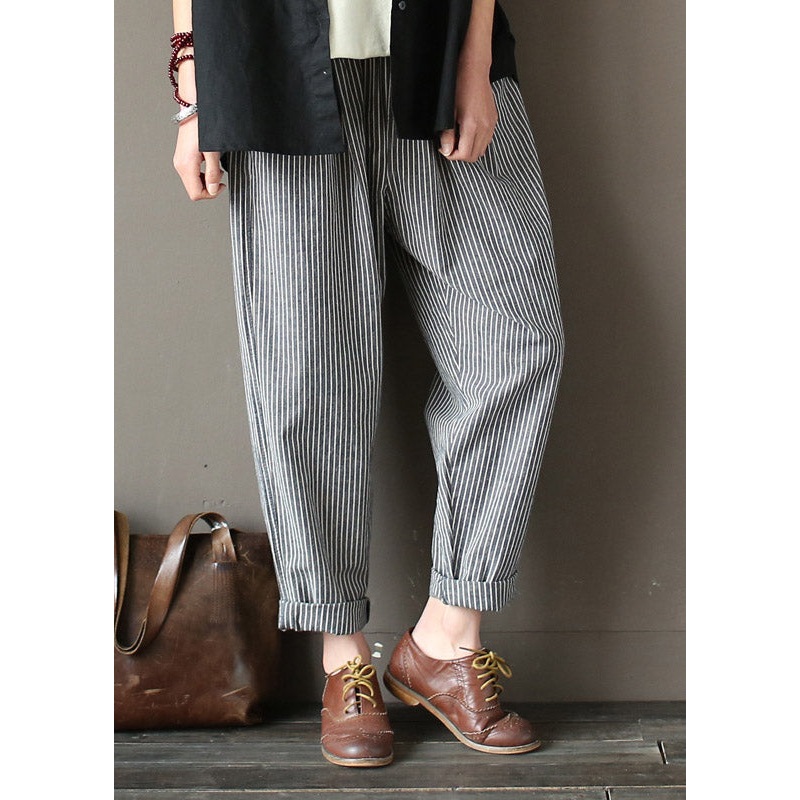 Linen Grey Striped Elastic Waist Linen Beam Pants Spring