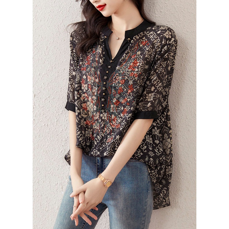 Loose Black V Neck Print Chiffon Top Short Sleeve