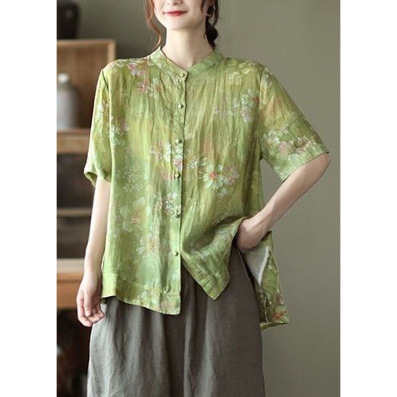 Loose Grass Green Stand Collar Print Button Cotton Top Short Sleeve