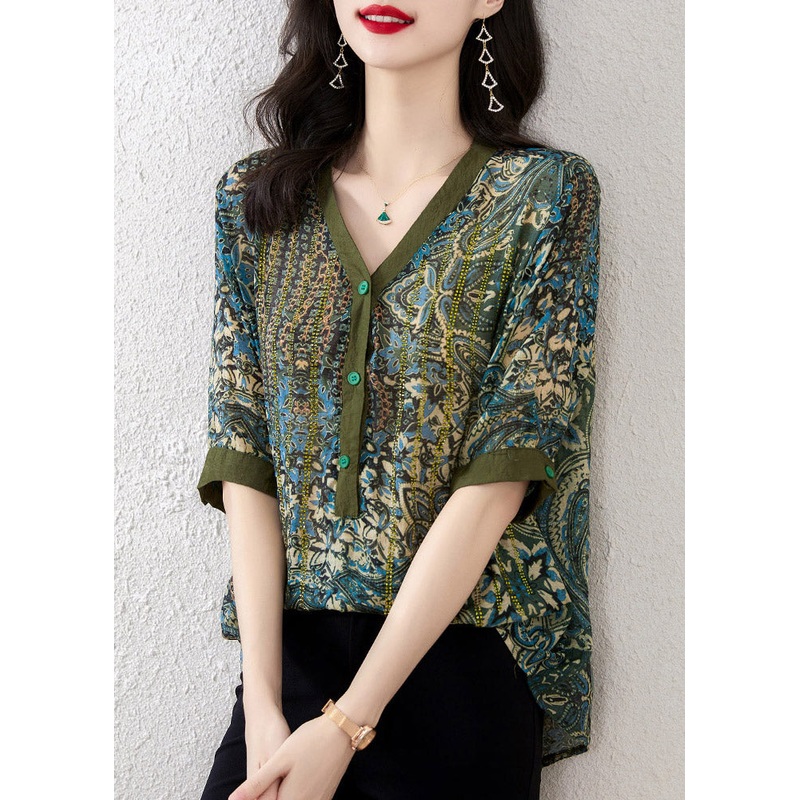 Loose Green V Neck Print Chiffon Tops Short Sleeve