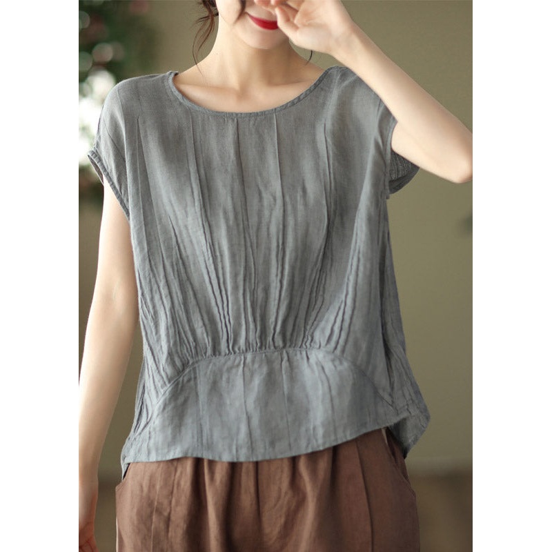 Loose Grey O-Neck Linen Shirt Short Sleeve