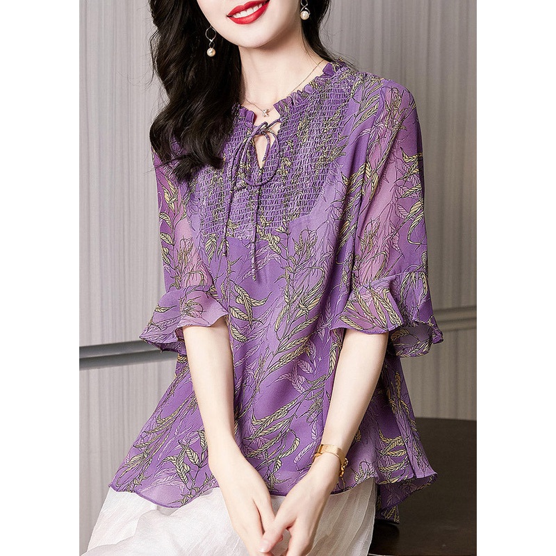 Modern Purple O-Neck Print Chiffon Top Flare Sleeve