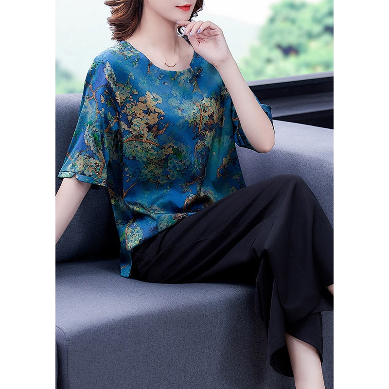 Natural O-Neck Print Silk Top And Wide Leg Pants Two Piece Set Summer