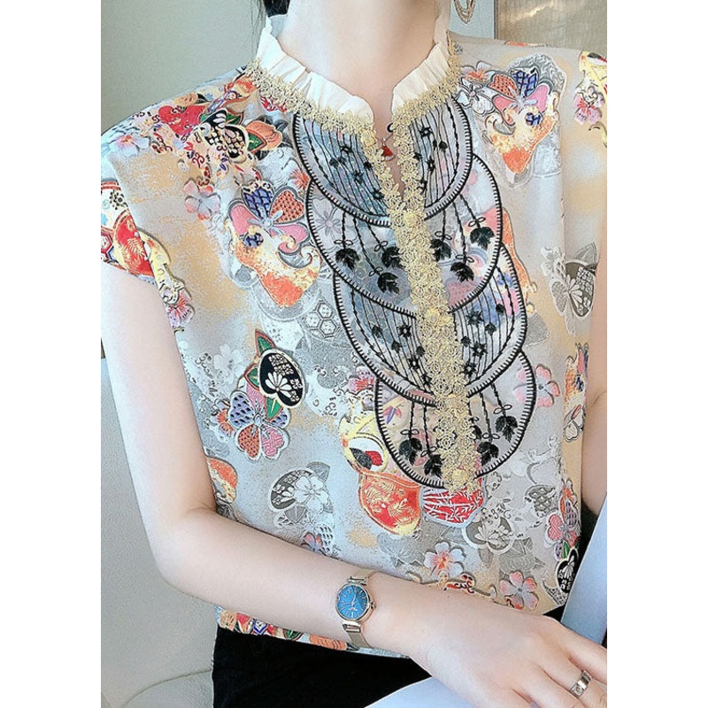 Novelty White Stand Collar Ruffled Print Chiffon Blouse Tops Short Sleeve