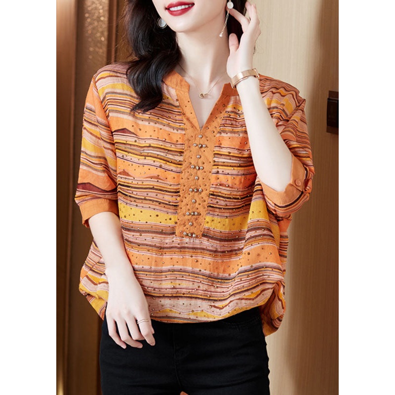 Orange Striped Cotton Shirt V Neck Color Diamond Short Sleeve
