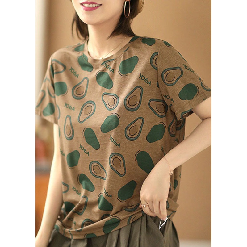 Original Design Dark Khaki O-Neck Print Cotton Tank Top Short Sleeve