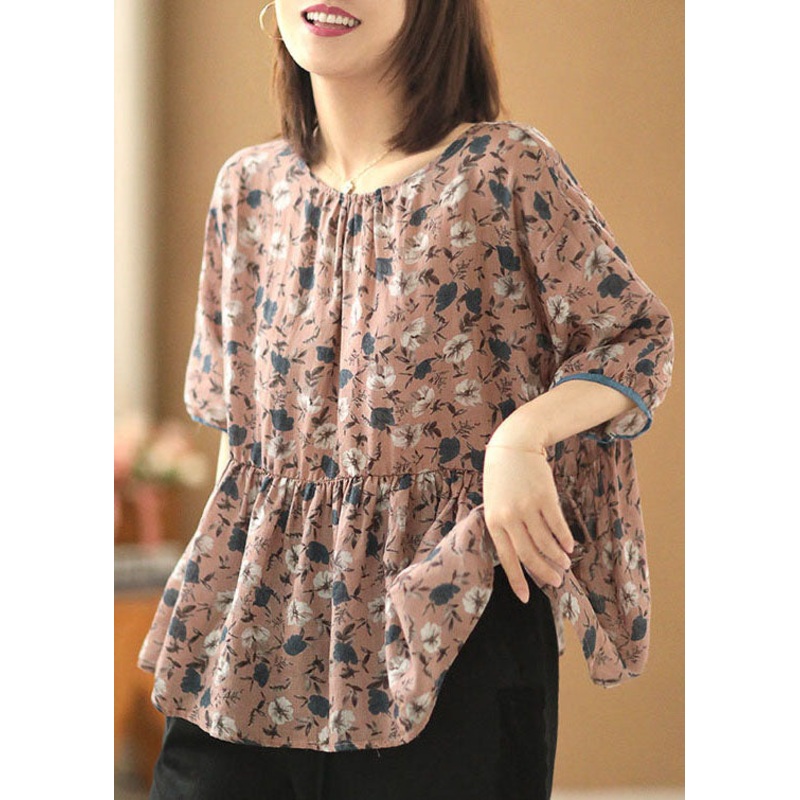 Pink Print Linen Blouses Wrinkled Back Lace Up Short Sleeve