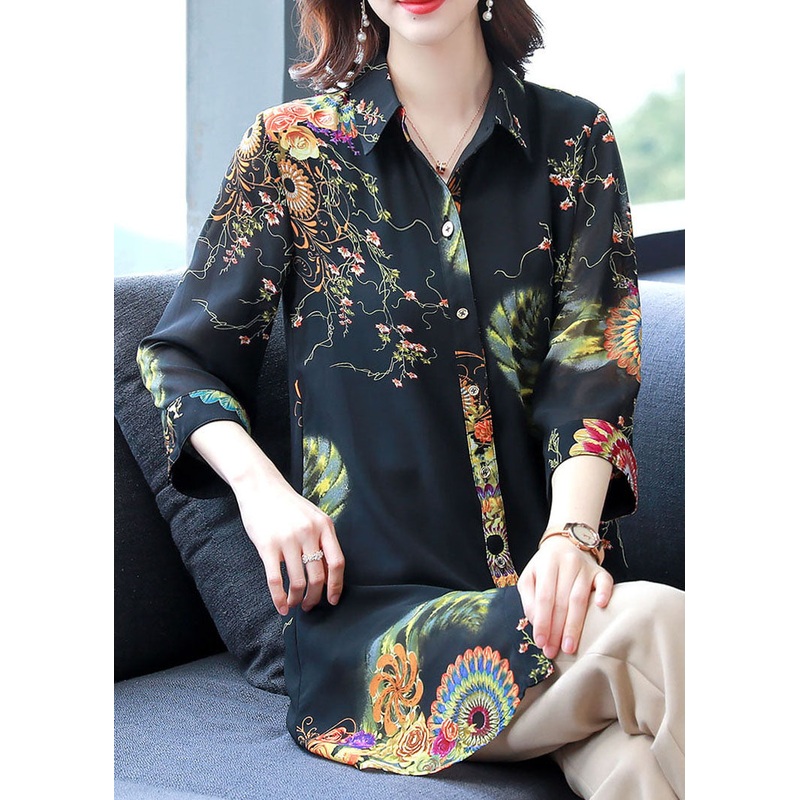 Plus Size Black Peter Pan Collar Print Button Chiffon Long Blouse Top Bracelet Sleeve