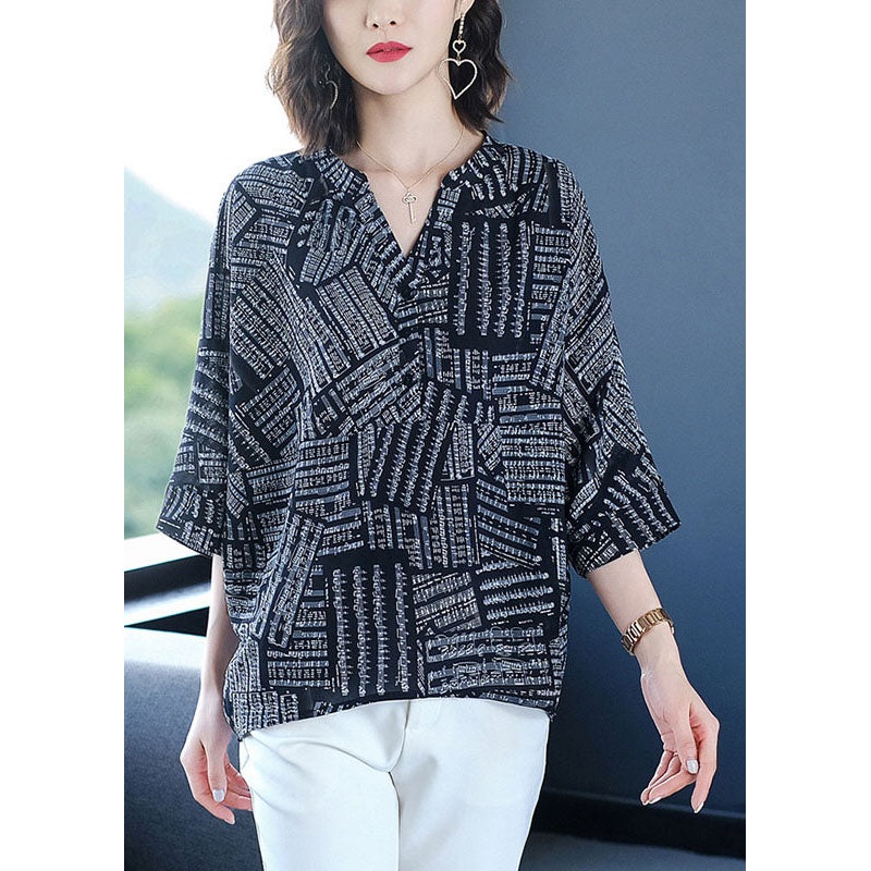 Plus Size Black V Neck Print Chiffon Shirt Top Bracelet Sleeve