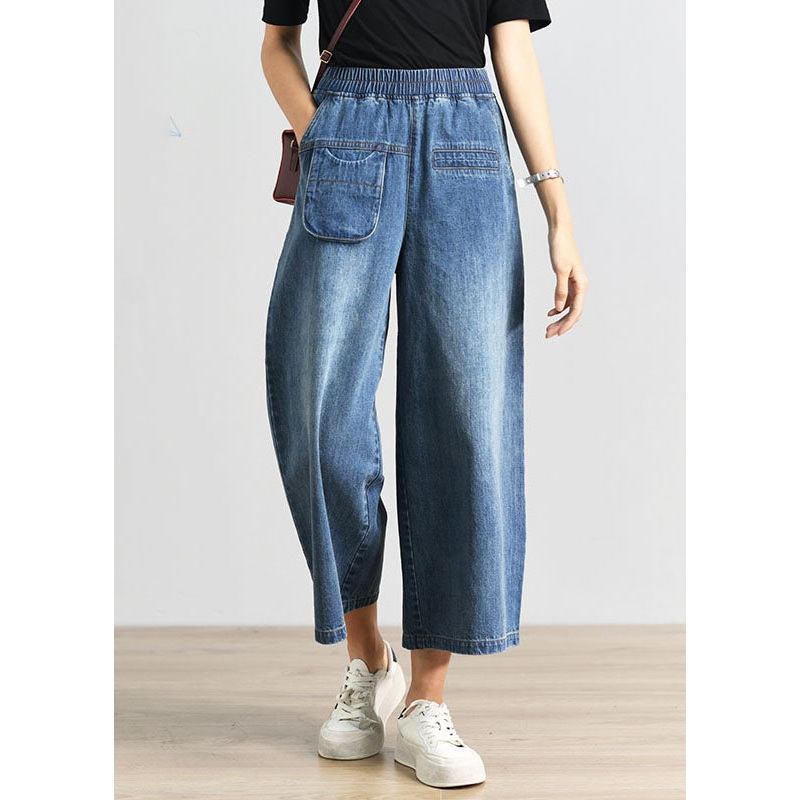 Plus Size Denim Blue Elastic Waist Pockets Cotton Wide Leg Crop Pants Summer