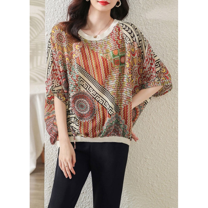 Plus Size O-Neck Print Chiffon Tops Half Sleeve