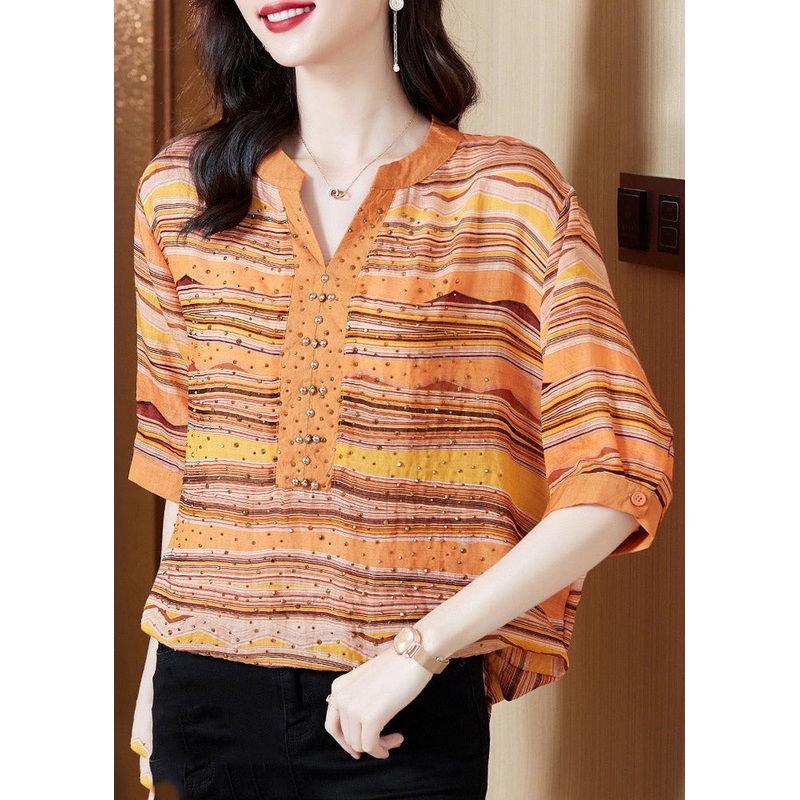 Plus Size Orange V Neck Striped Button Cotton Shirt Half Sleeve