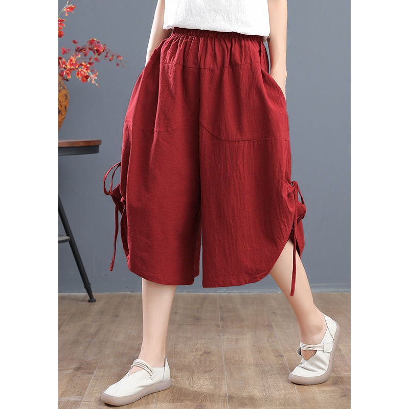 Plus Size Red Elastic Waist Drawstring Cotton Crop Pants Summer