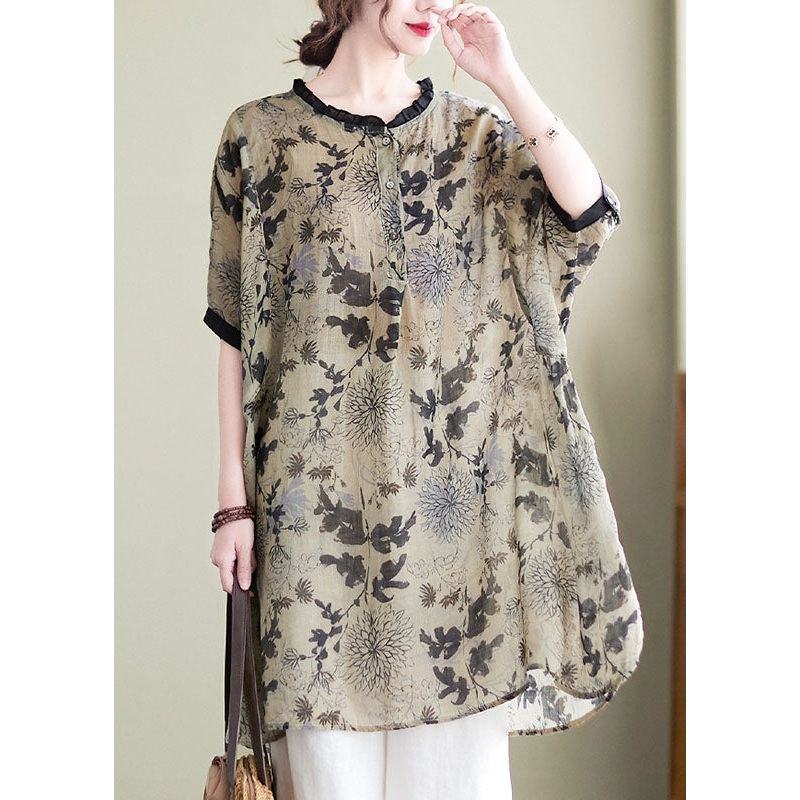 Plus Size Ruffled Side Open Print Linen Long Shirts Batwing Sleeve