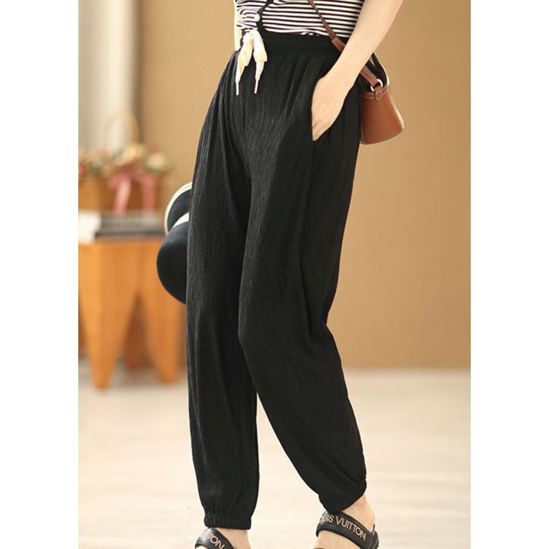 Plus Size Solid Black Elastic Waist Drawstring Pockets Beam Pants Summer