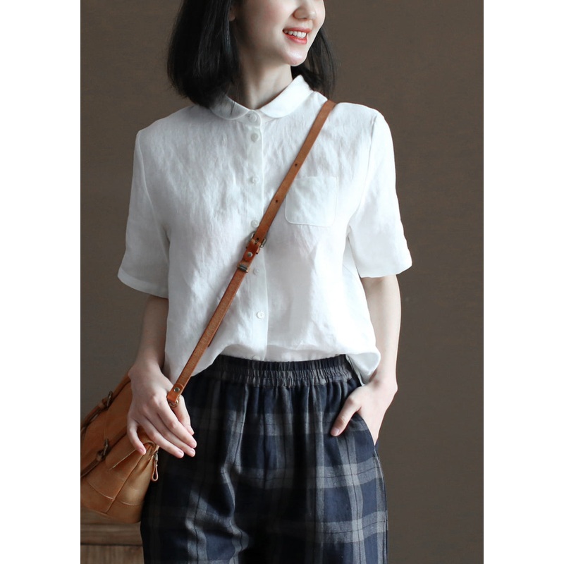 Plus Size Solid White Peter Pan Collar Pocket Linen Shirts Half Sleeve