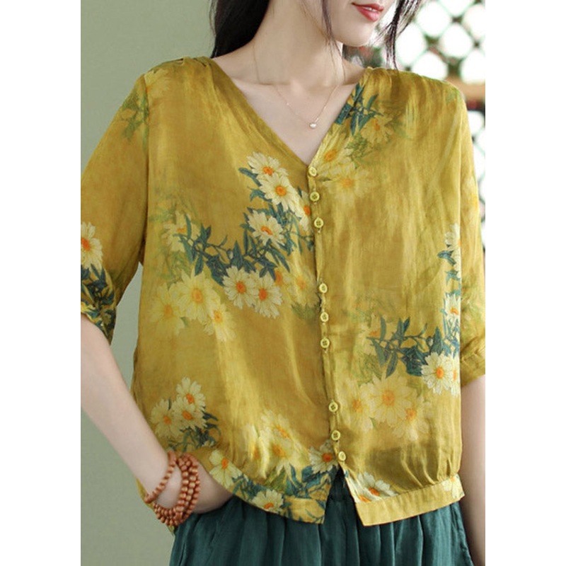 Plus Size Yellow V Neck Print Button Linen Shirt Half Sleeve