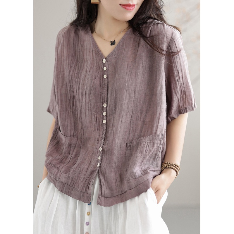Purple V Neck Pockets Linen Shirts Short Sleeve