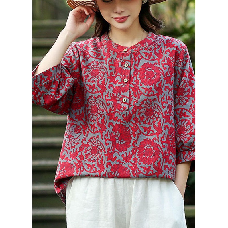 Red O-Neck Jacquard Linen Blouse Tops Bracelet Sleeve