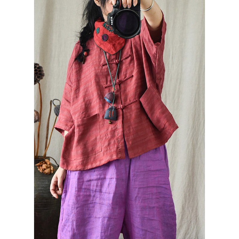 Red O-Neck Pockets Linen Shirts Long Sleeve