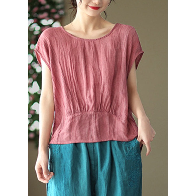 Red O-Neck Wrinkled Linen Tops Short Sleeve