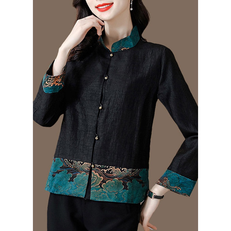 Retro Black Stand Collar Print Patchwork Button Silk Shirt Long Sleeve
