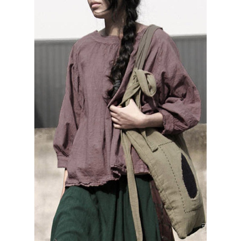Retro Coffee O-Neck Linen T Shirt Long Sleeve