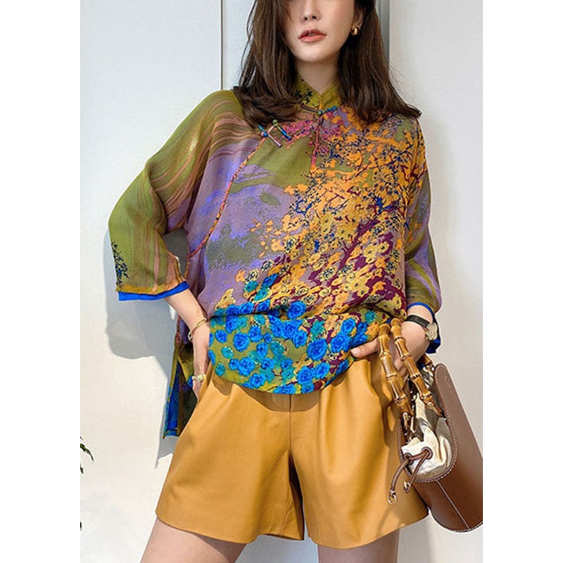 Retro Green Mandarin Collar Print Side Open Silk Oriental Shirts Bracelet Sleeve