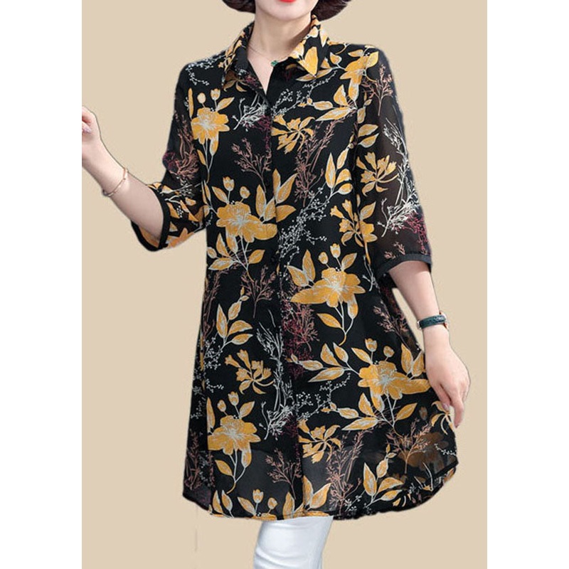 Simple Black Peter Pan Collar Yellow Print Silk Long Shirt Half Sleeve