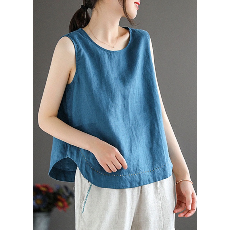 Simple Blue O-Neck Embroideried Linen Beach Vest Sleeveless