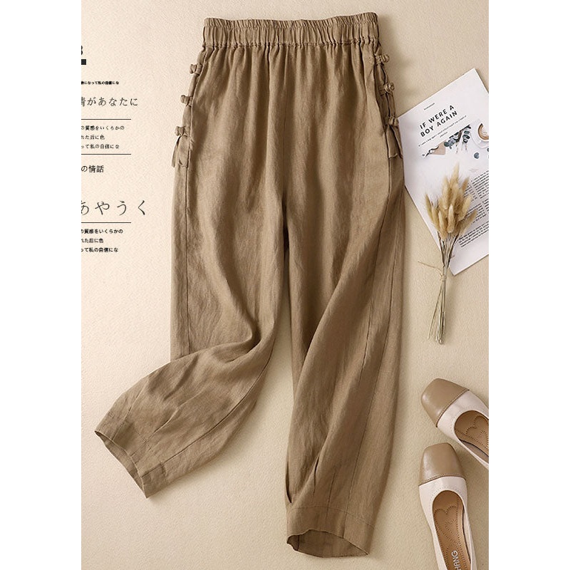 Simple Khaki Elastic Waist Oriental Button Solid Color Linen Harem Pants Trousers Summer