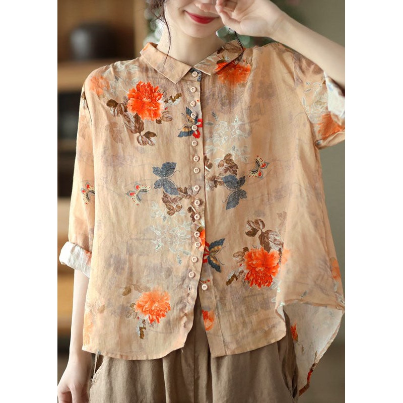 Simple Orange Peter Pan Collar Print Button Cotton Blouse Tops Long Sleeve