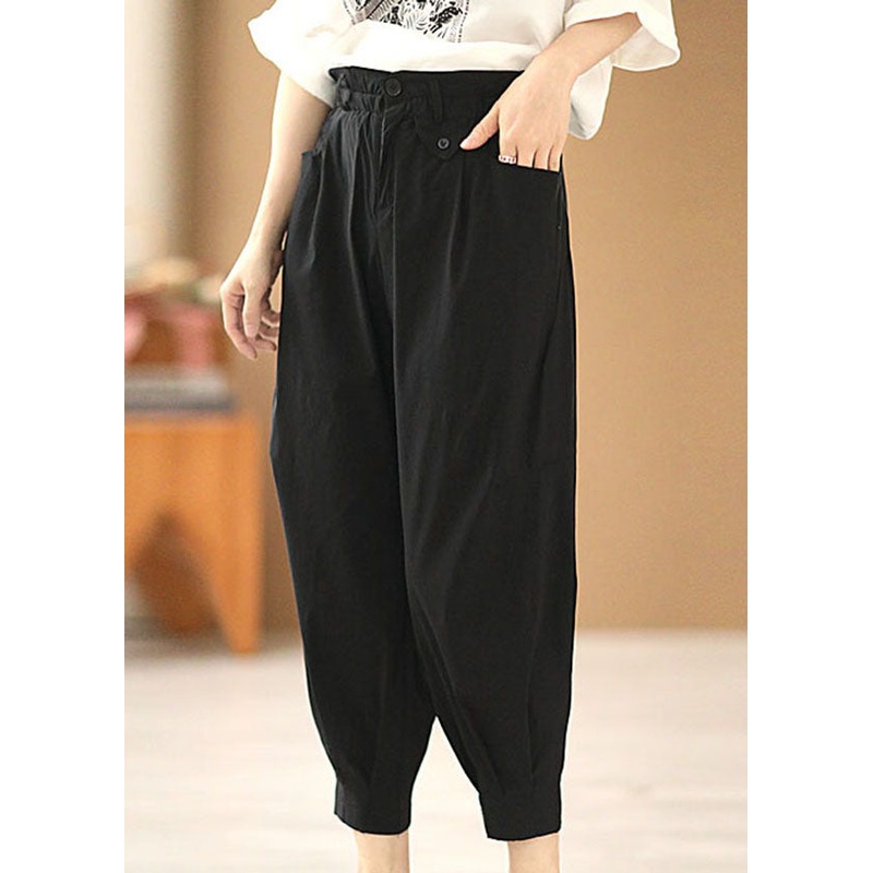 Simple Solid Black Elastic Waist Pockets Cotton Harem Pants Summer