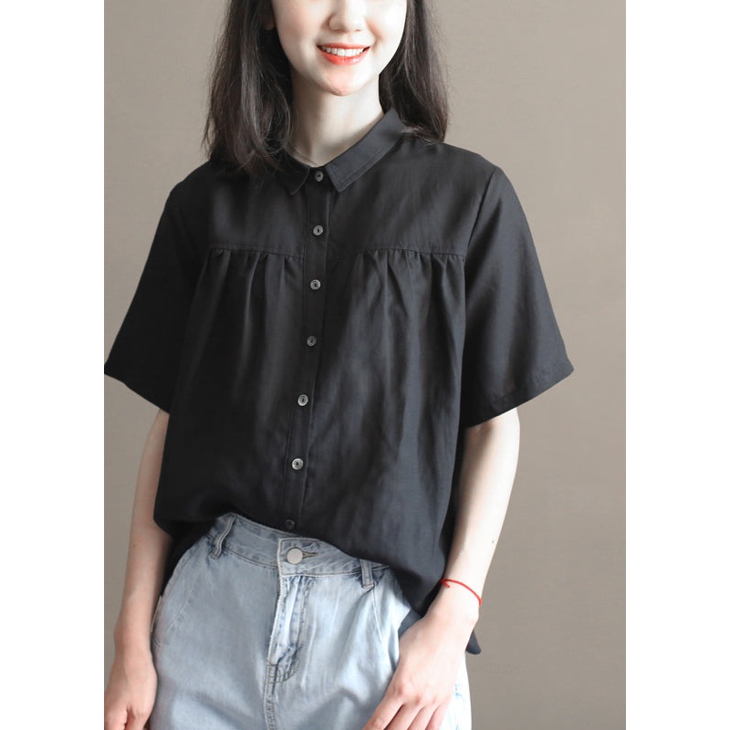 Simple Solid Black Peter Pan Collar Wrinkled Button Linen Blouses Short Sleeve