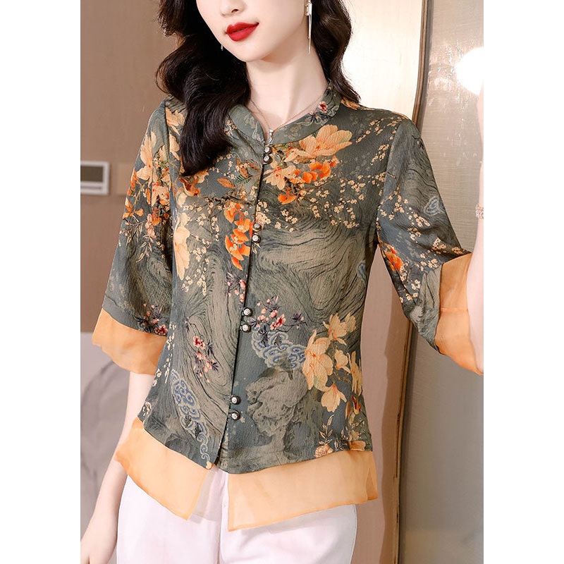 Slim Fit Light Green O-Neck Print Button Tulle Patchwork Silk Blouse Tops Short Sleeve