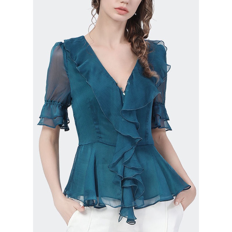 Slim Fit Peacock Blue V Neck Ruffles Solid Color Chiffon Cinch Shirt Top Short Sleeve